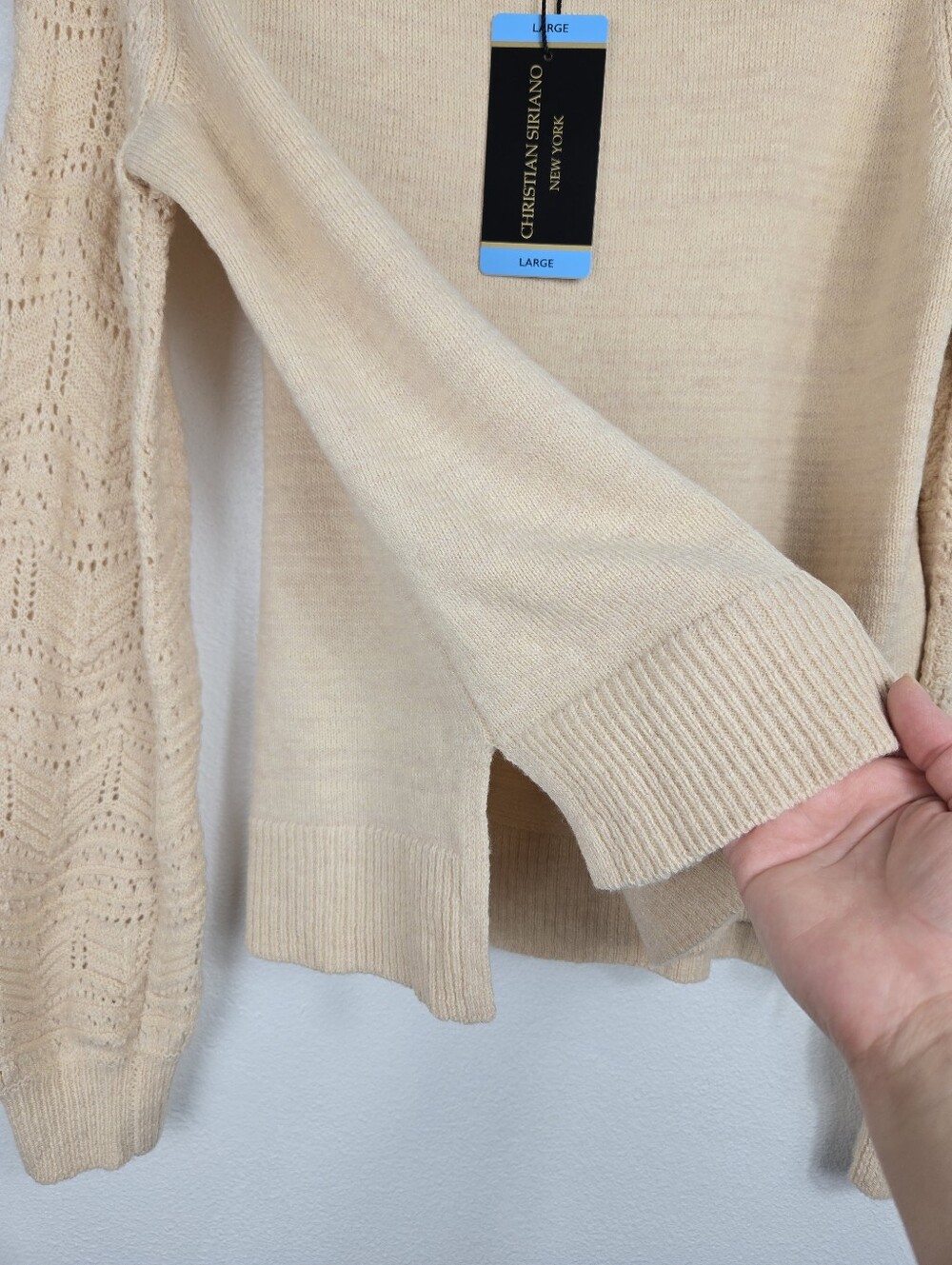 NEW Christian Siriano Pointelle Sweater Lace Knit Caramel Crew Neck Size Large - Picture 6 of 9
